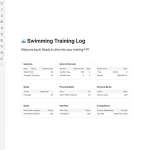 May include: A digital document titled "Swimming Training Log" in white, featuring sections for sessions, goals, personal bests, nutrition, and competitions. The document includes dates, times, and distances, with the text "Welcome back! Ready to dive into your training?"