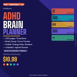 Peut inclure: Planificateur numérique ADHD Brain sur fond bleu foncé. Le titre est en grandes lettres orange et blanches. Comprend 200 pages, 12 sections et une réimpression non datée. Le planificateur est adapté aux personnes neurodivergentes.