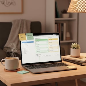 Peut inclure: Un ordinateur portable affiche une application de gestion de tâches sur un bureau en bois. Des post-it avec "Call Mom" et "Grocery List" sont collés sur l'écran. Une tasse de café, un dessous de verre et une petite plante grasse sont également sur le bureau.