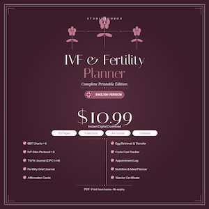 Può includere: Un pianificatore digitale per la fertilità e la fecondazione in vitro in inglese, con uno sfondo bordeaux scuro e dettagli floreali. Il pianificatore include sezioni per grafici BBT, protocolli di fecondazione in vitro e altro ancora. Edizione stampabile completa.