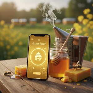 Puede incluir: Una mesa de madera muestra un tarro de miel con un cucharón de miel, un teléfono inteligente con "Golden Honey" en la pantalla, un panal y un ahumador de abejas. El teléfono muestra un icono de colmena. Abejas y flores amarillas en el fondo.