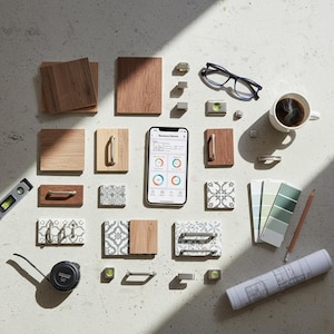 Peut inclure: Vue aérienne de divers éléments de design d'intérieur. Comprend des échantillons de bois, des poignées de meubles, des carreaux à motifs, un smartphone avec une application, des nuanciers, un plan et une tasse de café. Également un niveau, des lunettes et un mètre ruban.