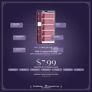 Könnte beinhalten: Werbung für die IVF Companion App, die ein Smartphone mit der App-Oberfläche zeigt. Die App ist für die Fruchtbarkeitsverfolgung konzipiert und umfasst Funktionen wie ein Tagebuch und Terminplanung. Der Hintergrund ist dunkelviolett mit weißem Text.