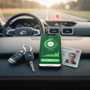 May include: A car dashboard featuring a steering wheel, car keys, a smartphone displaying a driving app, and a provisional driving licence. The phone shows a green interface with driving data. The licence has a photo and "P1".