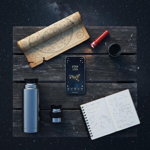 以下が含まれることがあります： 木製の表面に配置された天文学のツールとアクセサリーの詰め合わせ。丸められた星図、赤い懐中電灯、黒いカップ、"STAR LOG"と表示されたスマートフォン、ステンレス製のウォーターボトル、小さな望遠鏡、星図のノートが含まれています。