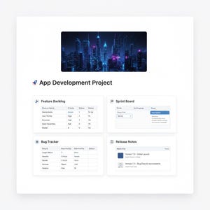 Może przedstawiać: Cyfrowy dokument zarządzania projektami zatytułowany „App Development Project”. Dokument zawiera sekcje dla listy zadań, tablicy sprintów, narzędzia do śledzenia błędów i notatek z wydań. Obraz miasta znajduje się na górze.