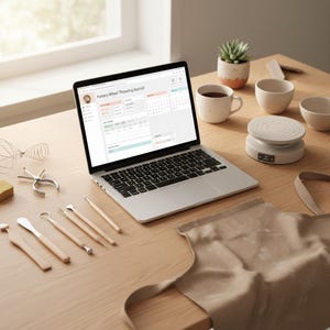 May include: A laptop displaying a "Pottery Wheel Throwing Journal" interface sits on a wooden table, surrounded by pottery tools, a scale, and ceramic mugs. A beige apron and a small succulent plant are also visible.