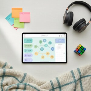 Peut inclure: Une tablette affichant l'application "Life Planner", entourée de post-it colorés, d'un casque noir avec des accents or rose et d'un Rubik's Cube. Une couverture crème avec des lignes quadrillées bleues est au premier plan. L'écran de la tablette affiche une carte mentale.