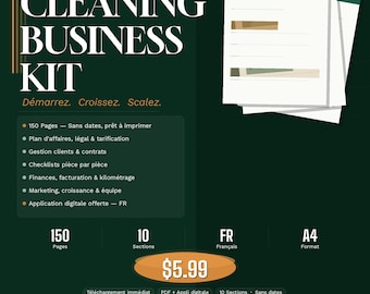 150-seitiges Reinigungs-Business-Kit | Gründung eines Reinigungsunternehmens | Checkliste für den Businessplan, Preise, Rechnungen | Entspricht den französischen URSSAF-Vorschriften