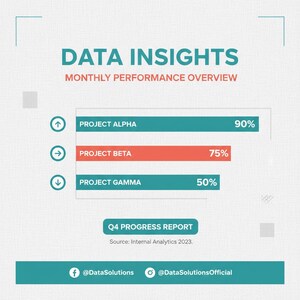 May include: A data insights graphic with the text "DATA INSIGHTS" and "MONTHLY PERFORMANCE OVERVIEW." It displays progress reports for Project Alpha (90%), Project Beta (75%), and Project Gamma (50%). Includes social media handles for @DataSolutions.