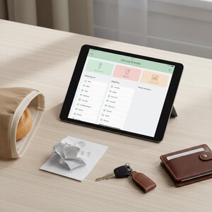 Peut inclure: Une tablette affiche une application de liste de courses, avec une liste de courses, un plan de repas et un inventaire de garde-manger. Un sac beige, du papier froissé, des clés et un portefeuille marron sont sur une surface en bois clair.