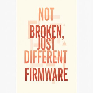 Puede incluir: Impresión rectangular con el texto "NOT BROKEN, JUST DIFFERENT FIRMWARE" en tonos naranja y rojo. Las palabras están sobre un fondo beige claro.