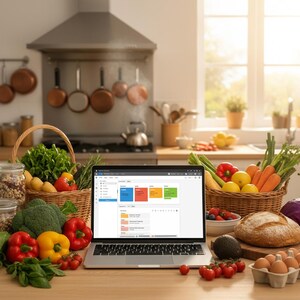 Peut inclure: Un ordinateur portable affichant une interface colorée est posé sur une table en bois dans une cuisine. Des paniers de produits frais, dont des poivrons, du brocoli et des carottes, entourent l'ordinateur portable. Un pain et une boîte d'œufs sont également visibles.