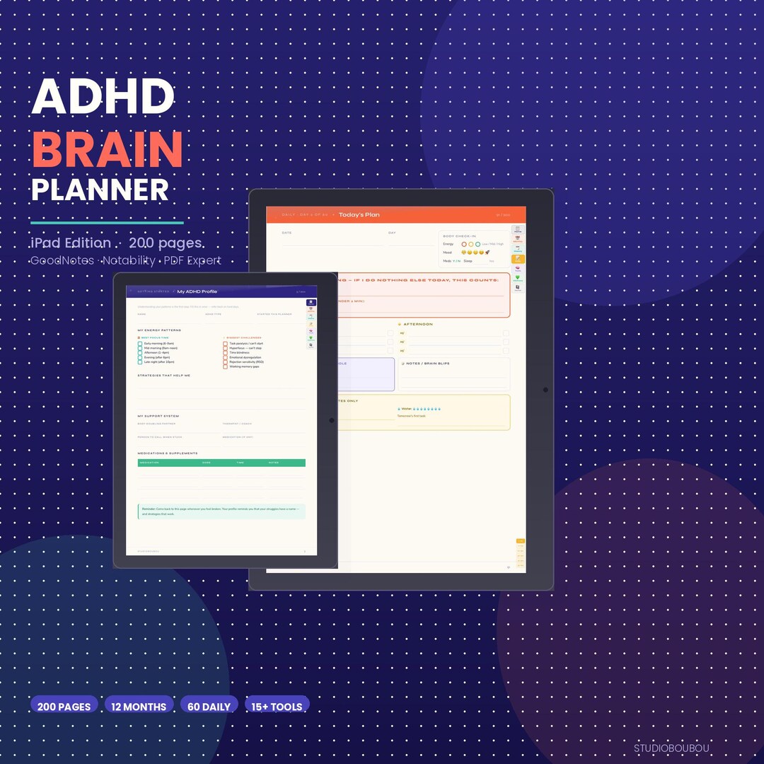 ADHD Digital Planner for iPad Goodnotes Notability | 200 Pages ...