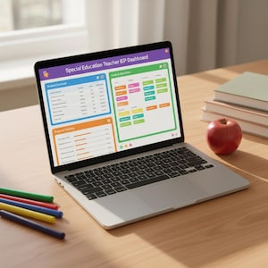 May include: A laptop displaying a "Special Education Teacher IEP Dashboard" on a wooden desk. The screen shows data charts and colourful sections. A red apple, books, and coloured pencils are also on the desk.