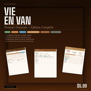 May include: A French digital planner titled "VIE EN VAN", designed for planning and budgeting. The brown cover features white text, and the planner includes sections for digital nomads and camping. The price is displayed as $5.99.