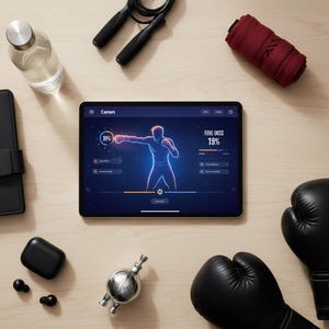 May include: An overhead shot of fitness equipment including a tablet displaying a boxing workout app, black boxing gloves, a jump rope, and a water bottle. The tablet screen shows a glowing blue outline of a boxer.