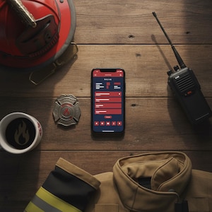 Peut inclure: Mise en scène d'équipement de pompier sur une surface en bois. Comprend un casque rouge, un badge, une tasse à café avec un logo de flamme, une radio et un smartphone affichant une application de journal de service.