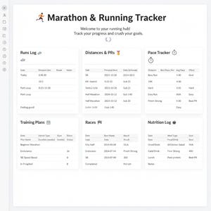 Pode incluir: Interface digital para um rastreador de maratona e corrida. A tela exibe logs de dados para corridas, distâncias, recordes pessoais, rastreamento de ritmo, planos de treinamento, corridas e nutrição. A interface é branca com texto preto.