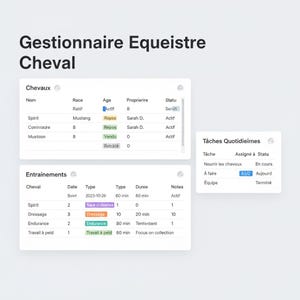 May include: A digital interface for equestrian management, with tables displaying information. The title reads "Gestionnaire Equeistre Cheval." Tables show horse details: name, race, age, owner, and status. Training data includes date, type, duration, and notes. Daily tasks are also listed.