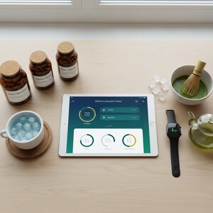Può includere: Una natura morta a tema benessere con un iPad che mostra l'app "Zenith Longevity Path", insieme a tè matcha, uno smartwatch e flaconi di integratori. Sono presenti anche una tazza di cubetti di ghiaccio e una teiera.