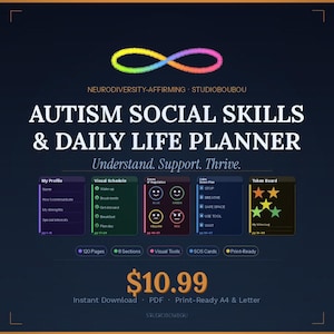 Peut inclure: Un planificateur numérique de compétences sociales et de vie quotidienne pour l'autisme, avec un symbole infini arc-en-ciel. Le planificateur comprend des horaires visuels, des zones de régulation et un tableau de jetons. Téléchargement instantané.