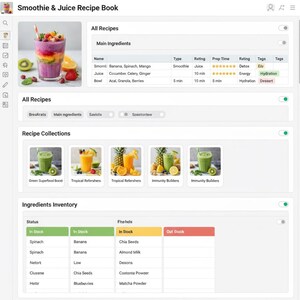 May include: A digital recipe book titled "Smoothie & Juice Recipe Book" with a colorful smoothie in a glass. The book features recipe collections, ingredient inventory, and a list of main ingredients for smoothies and juices.