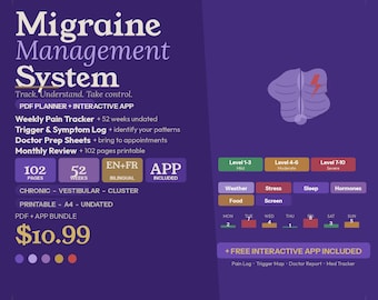 Migraine Planner PRO 102 Pages + Interactive App English French - Tracker Log Monthly Review Doctor Prep Digital Download Printable A4