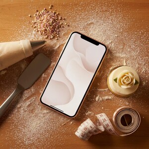 May include: A rose gold smartphone with a white and pink abstract wallpaper rests on a wooden surface dusted with flour. A small frosted cake with a rose, a measuring tape, and baking tools are also present. Sprinkles are scattered nearby.