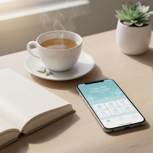 Peut inclure: Une tasse et une soucoupe blanches avec du thé fumant, à côté d'un smartphone affichant l'application "Calm Blue FRESH START". Une plante succulente dans un pot blanc et un livre ouvert sont également sur la surface en bois clair.