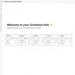 Könnte beinhalten: Eine weiße Webseite mit dem Titel "Orchestra & Ensemble Manager" und dem Text "Welcome to your Orchestra Hub." Die Seite zeigt Tabellen für Mitglieder, Repertoire, Proben, Konzerte und Budget mit Datensätzen für jede Kategorie.