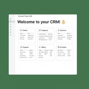 Puede incluir: Interfaz digital para un CRM de entrenador personal, con secciones para clientes, programas, sesiones, progreso, facturación y horario. La interfaz muestra datos como nombres de clientes, objetivos, detalles del programa y estados de sesión.