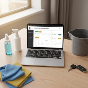 以下が含まれることがあります： Mobile Car Wash Businessのダッシュボードを表示したシルバーのノートパソコン。青い液体の入った透明なスプレーボトル、白いスプレーボトル、グレーのバケツ、車のキー、折りたたまれた青と黄色のマイクロファイバークロスが一緒に置かれています。