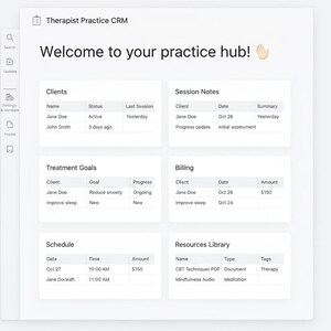Peut inclure: Interface numérique blanche pour un CRM de cabinet de thérapeute. L'écran affiche des informations sur les clients, des notes de session, des objectifs de traitement, des détails de facturation, un calendrier et une bibliothèque de ressources.