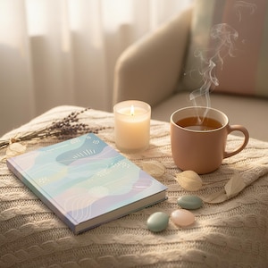 May include: A cozy scene featuring a lit candle, a mug of tea with steam, and a closed book with a pastel cover. The items rest on a cream-colored knitted blanket, with decorative stones and dried flowers adding to the tranquil ambiance.