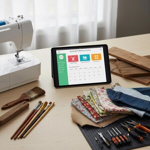 Puede incluir: Una máquina de coser, una tableta y materiales de manualidades están dispuestos sobre una mesa de madera. La tableta muestra una interfaz de "Sustainable Workshop Planner". También hay pinceles, retales de tela y herramientas.