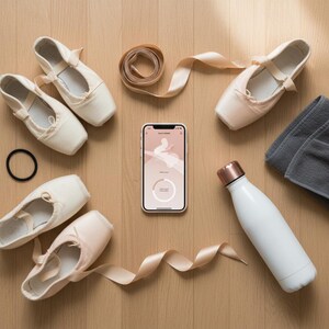 Peut inclure: Vue aérienne d'objets liés à la danse classique sur une surface en bois. L'image comprend plusieurs paires de chaussons de danse, un ruban, un smartphone affichant une application de danse, une gourde, un élastique à cheveux et une serviette grise.