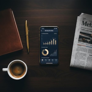 以下が含まれることがあります： 「Dividend Portfolio」アプリを表示したスマートフォンが置かれた、濃い木製の机の俯瞰図。茶色の革製ノート、金のペン、コーヒーカップ、新聞も机の上に配置されています。