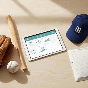 May include: A baseball-themed setup featuring a baseball bat, glove, and ball, alongside a tablet displaying a "Baseball Stats Tracker" app. A navy blue baseball cap with a white "HB" logo and a white square plate are also present.
