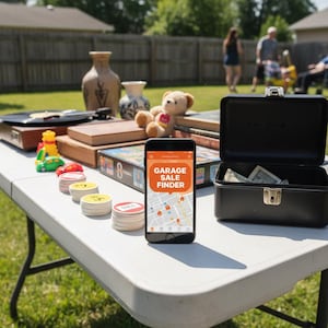 Peut inclure: Une table pliante blanche présente des articles à vendre lors d'une vente de garage. On y trouve un tourne-disque, des livres, des jouets, une caisse enregistreuse et un smartphone affichant l'application "Garage Sale Finder". Un ours en peluche et des vases sont également visibles.