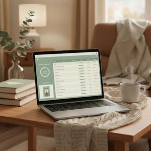 Peut inclure: Un ordinateur portable affichant une interface de défi de lecture est posé sur une table en bois, à côté d'une pile de livres et d'une tasse fumante. Une couverture douillette et une lampe sont en arrière-plan, créant un coin lecture relaxant.