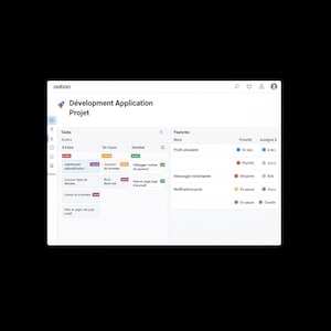 Może przedstawiać: Zrzut ekranu pulpitu nawigacyjnego do zarządzania projektami Notion. Interfejs wyświetla zadania projektu, funkcje i ich statusy. Tekst zawiera "Développement Application Projet", "Tasks", "Features" oraz różne nazwy zadań i funkcji.