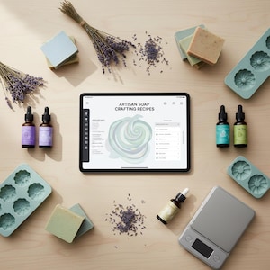May include: An overhead shot of artisan soap-making supplies. A tablet displays "ARTISAN SOAP CRAFTING RECIPES". Lavender bundles, essential oil bottles, soap molds, bars of soap, and a digital scale are arranged on a light wood surface.