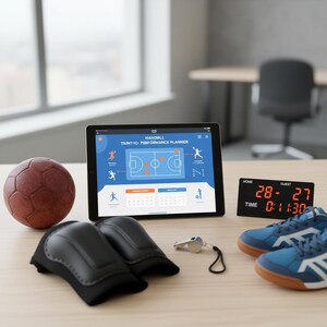 Puede incluir: Una configuración deportiva de balonmano sobre una superficie de madera. Incluye un balón de balonmano marrón, una tableta que muestra un planificador de rendimiento, rodilleras negras, un silbato, un marcador y zapatillas deportivas azules y blancas.