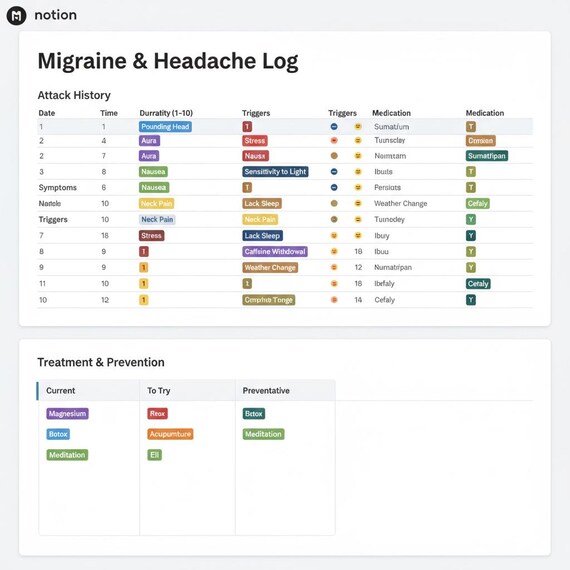 Migraine & Headache Log Notion Template Planner Tracker Organiseur Cadeau Telechargement Numerique