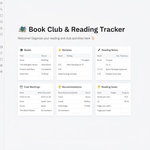 Peut inclure: Un modèle numérique de suivi de club de lecture et de lecture. Il comprend des sections pour les livres, les critiques, les notes de lecture, les réunions de club, les recommandations et les objectifs de lecture. Le titre est "Book Club & Reading Tracker".