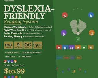 Dyslexia Reading System 100 Pages English + French Worksheets Phonics Sight Words Letter Practice - Dyslexia Printable Download