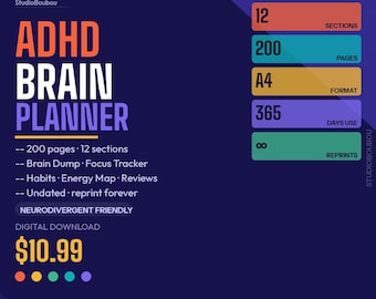ADHS-Gehirnplaner (PDF) – 200 Seiten – Druckvorlage – Fokus-Tracker – Neurodiverser Tagesplaner – Digitaler Download – Undatiertes A4-Format