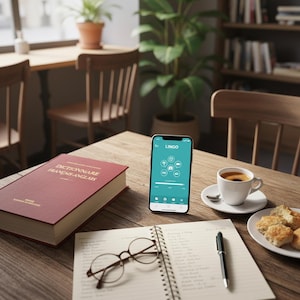 Può includere: Un tavolo di legno mostra una scena di studio. Uno smartphone con l'app "LINGO" è accanto a un dizionario rosso francese-inglese. Un quaderno, una penna, occhiali, caffè e pasticcini completano l'ambientazione.
