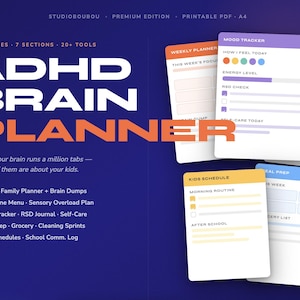 Peut inclure: Planificateur cérébral ADHD avec des pages colorées pour la planification hebdomadaire, le suivi de l'humeur et les horaires des enfants. La couverture présente le titre en blanc et orange sur fond bleu foncé. Comprend 126 pages, 7 sections et 20 outils.